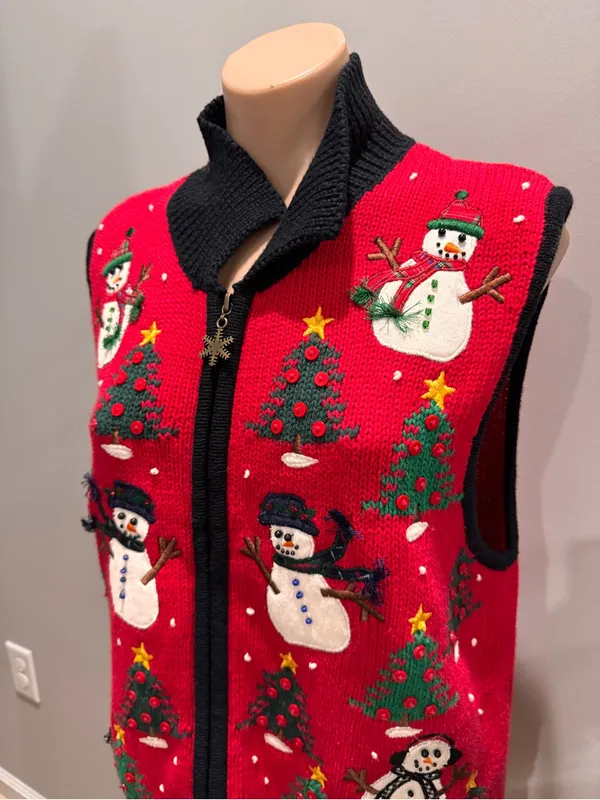 Bechamel Christmas Tree Vest Sweater Snowman Medium Red Black Winter - Image 2