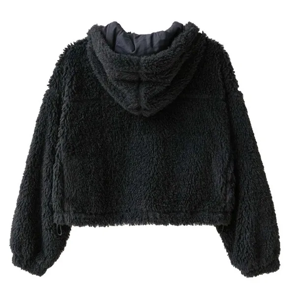 Urban Outfitters BDG Hooded Cropped Teddy Jacket Size Small Black Cozy Basic‎ - Image 4