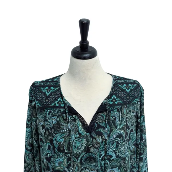 Kim Gravel Belle Black Green Paisley Sheer Sleeve Overlay Split V Neck Tie Top M - Image 3