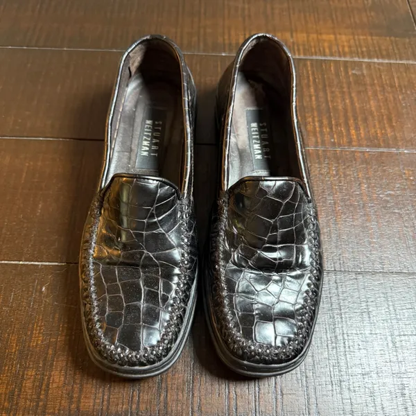 Stuart Weitzman Loafers Womens 6 Black‎ Croc Embossed Vintage Leather Slip On - Image 3