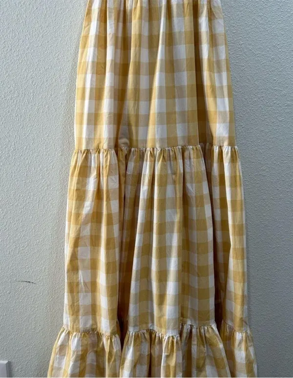 Abercrombie & Fitch Plaid Maxi Dress Yellow White Picnic Long Ruffle Small - Image 7