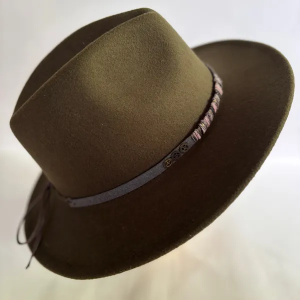 Wide Brim Felt Fedora Hat in Olive Green with Beaded Band - Image 4