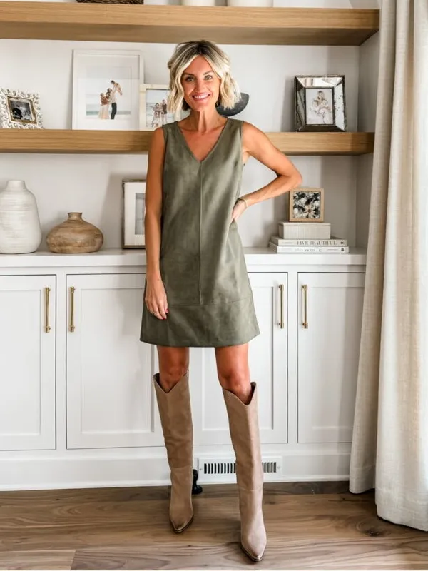 Loft Faux Suede V Neck Jumper Shift Mini Dress Olive Green 8 Tall Sleeveless - Image 2