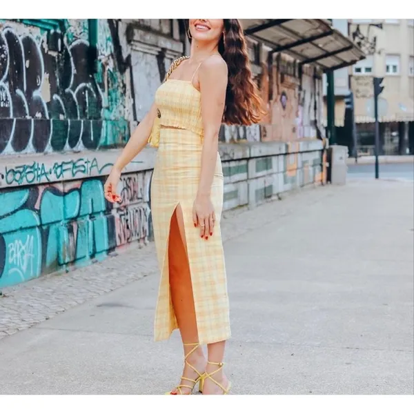 Zara sz S Gingham Yellow Plaid High Rise Split Midi Skirt Retro Mod Bloggers Fav - Image 3