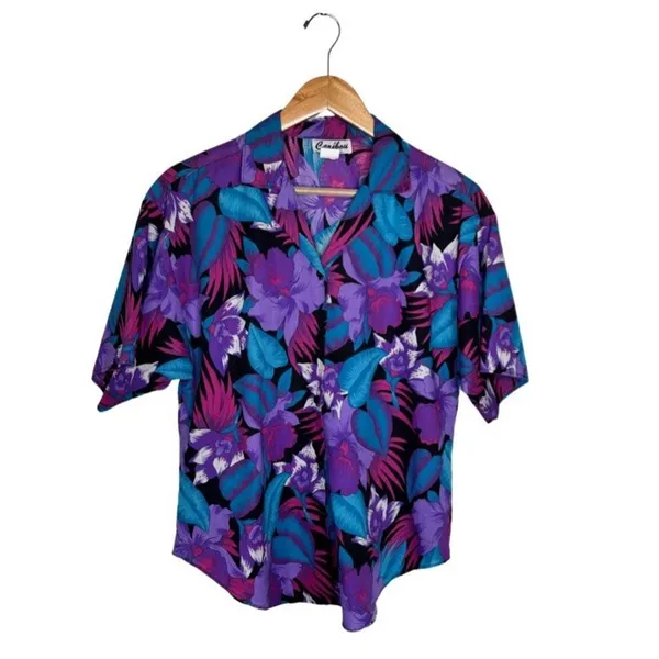 Caribou Button Up Hawaiian Size 12 Woman's Y2K Blue Purple Black Cotton Blend - Image 2