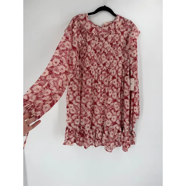 Free People Mini Dress These Dreams L Red Tea Floral Pleated Ruffle Cottagecore - Image 5