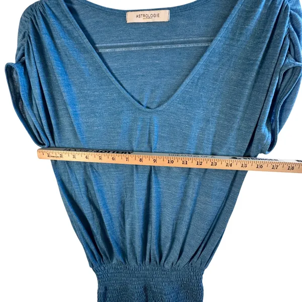 Astrologie California Smocked Waist Top V-Neck‎ Dolman Sleeve Blue Teal Blouse S - Image 6