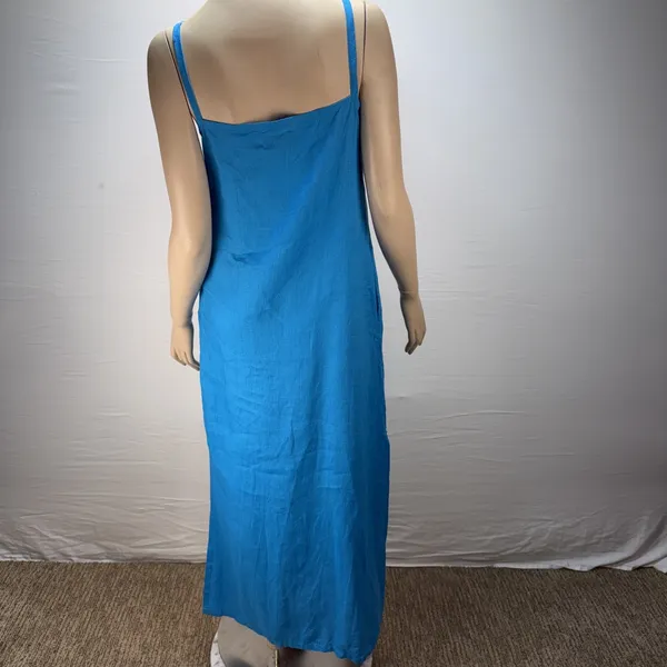 Hilo Turquoise Linen Slip Dress Maxi Sundress‎ Size M Side Slit V-Neck Pockets - Image 6