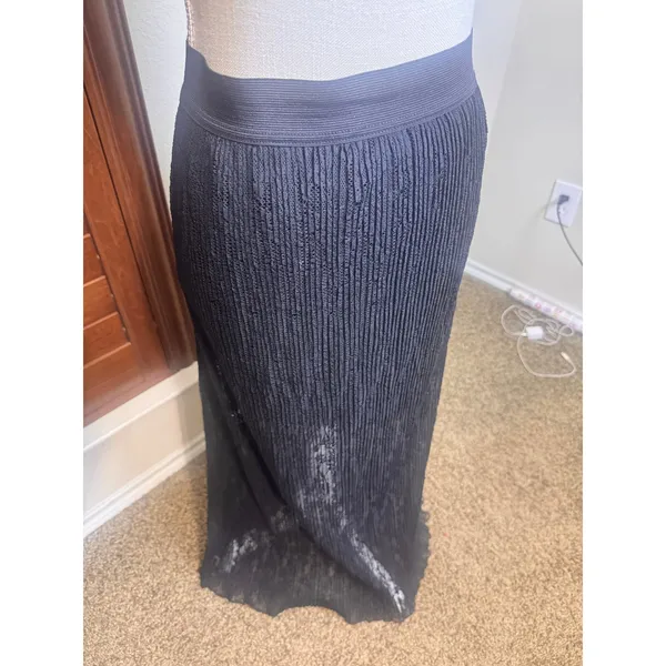 Dark Romantic Black Lace Pleated Maxi Skirt Elastic Waist half sheer whimsigoth - Image 2