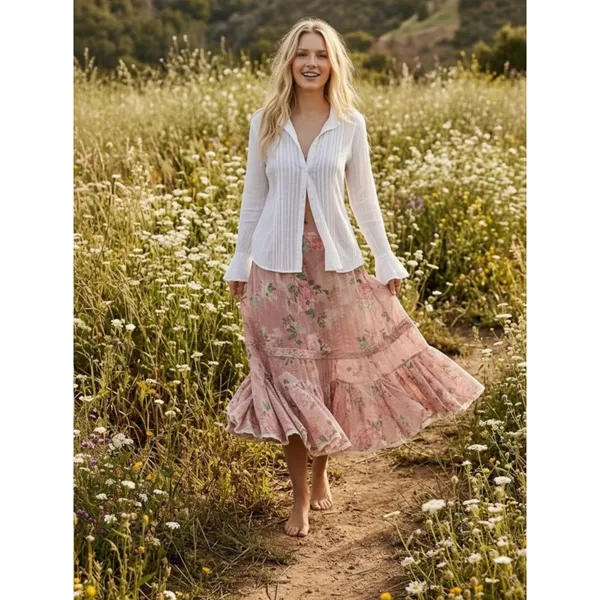 Free People Ethereal Dainty Cottage Bordeaux Floral Maxi Skirt Size XS - Image 2