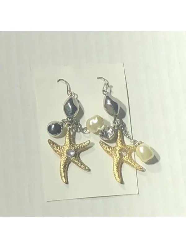 Vintage Under the Sea Dangle Earrings Starfish Embedded Rhinestones Gold/White - Image 2