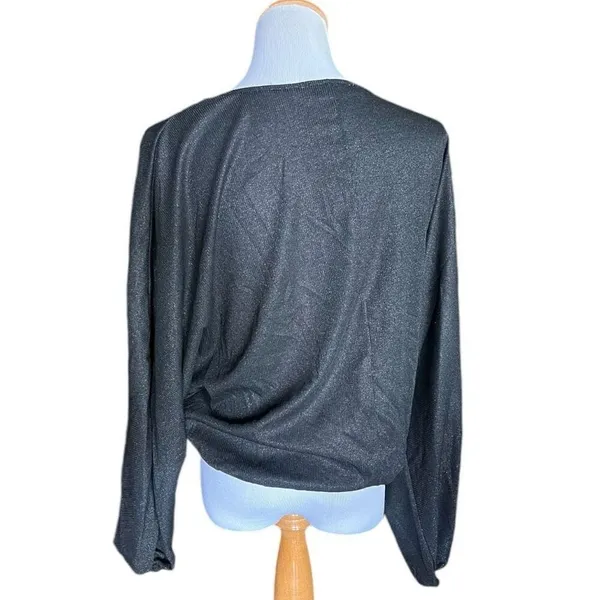 NWT Womens Just Fab JustFab Metallic Shimmer Black Ribbed Faux Wrap Top Blouse M - Image 3
