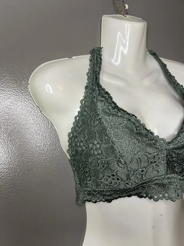 Aerie Bralette Bra Womens Medium Green Lace Wireless Halter Lined Longline - Image 2