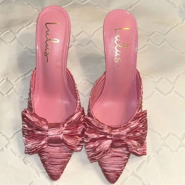 Lulus Rose Pink Satin Textured Bow High Heel Mules(Size 6) - Image 7