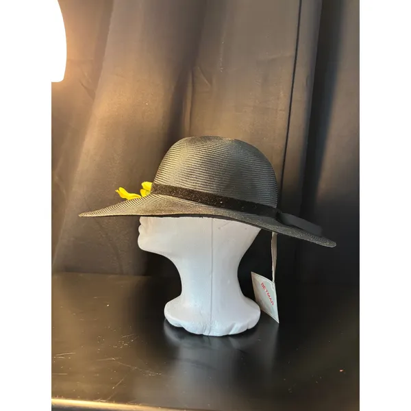 Vintage Betmar New York Black Wide Brim Sun Hat Yellow Floral Velvet Ribbon NWT - Image 2