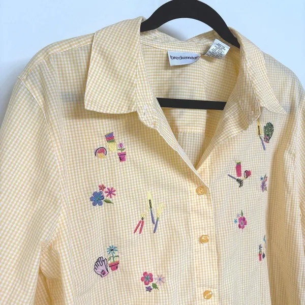 Vintage Butter Yellow Garden Top Floral Grandma Button Down 3/4 Sleeve Blouse XL - Image 2