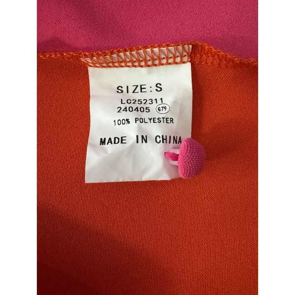 Hot Pink Orange Blouse V Neck Button Down Tie Knot Front Bell Sleeves Small Top - Image 9