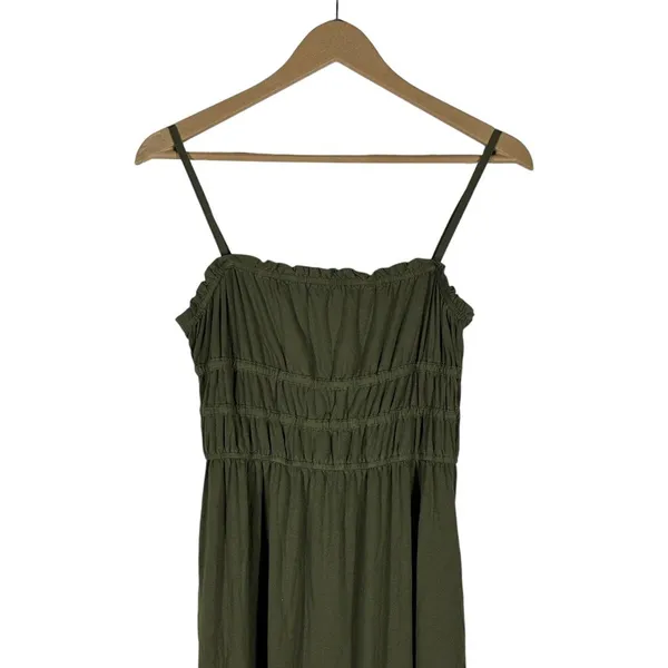 Lovestitch Smocked Ruffle Solid Maxi Dress Olive Green Boho Stretch Size S - Image 2