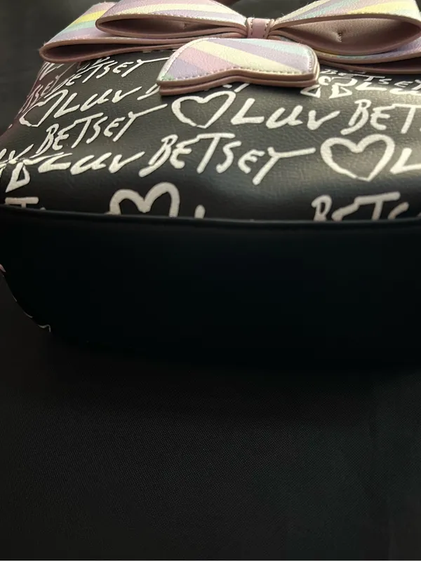 Betsey Johnson Graffiti Print Black Shoulder Bag With Pastel Striped Bow - Image 7