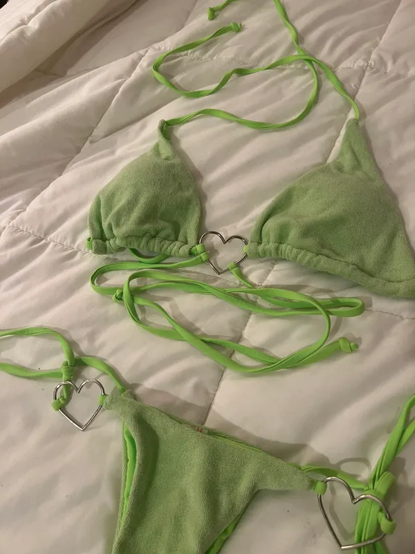 Neon Green Towel Cloth Material Silver Heart Tie String Cheeky Two Piece Bikini - Image 2