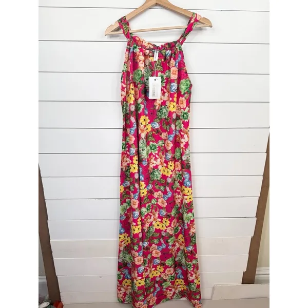 Anastassimo Maxi Dress Size M Pink Floral Print Gathered Neckline Vibrant - Image 2