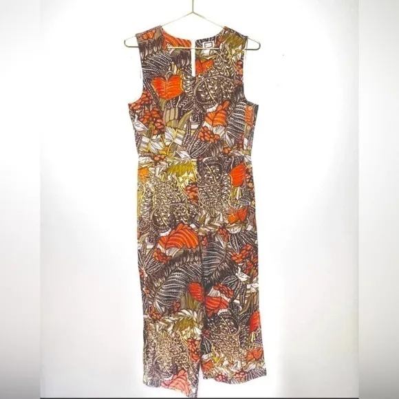 Anthropologie Jumpsuit Cotton Linen Mo:Vint Brown Orange sleeveless retro Leaf - Image 2