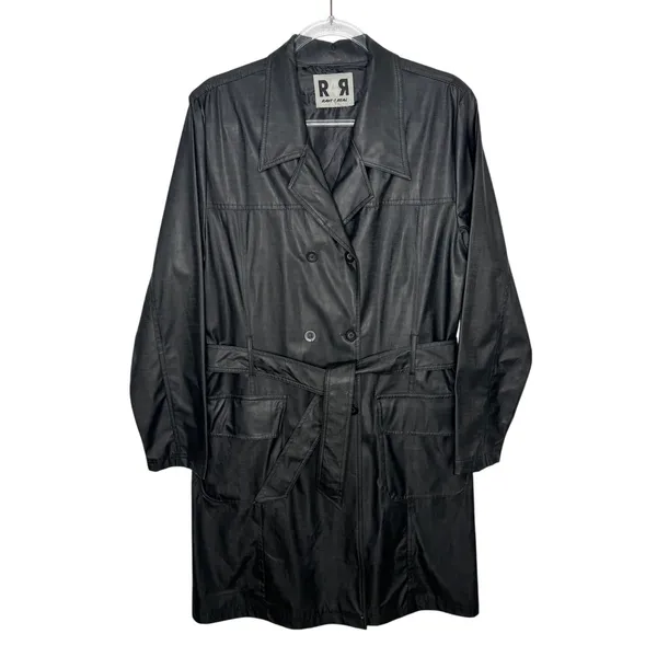 1990s Rave 4 Real Black Coated Stretch Trench Coat Women’s M/L - Image 2
