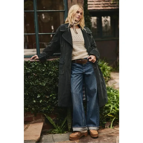 Free People Retro 70s Fox Cord Corduroy Duster Trench Coat Dark Charcoal Medium - Image 2