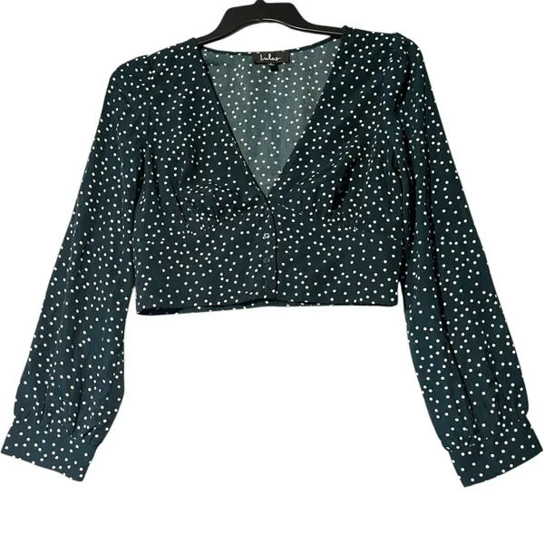 Lulus Women's L Love Always Forest Green‎ Polka Dot Long Sleeve Crop Top Cropped - Image 2