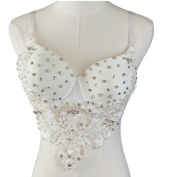 Love J White Rhinestone and Lace Beaded Bustier Crop Top Bralette Boudoir Sexy - Image 2