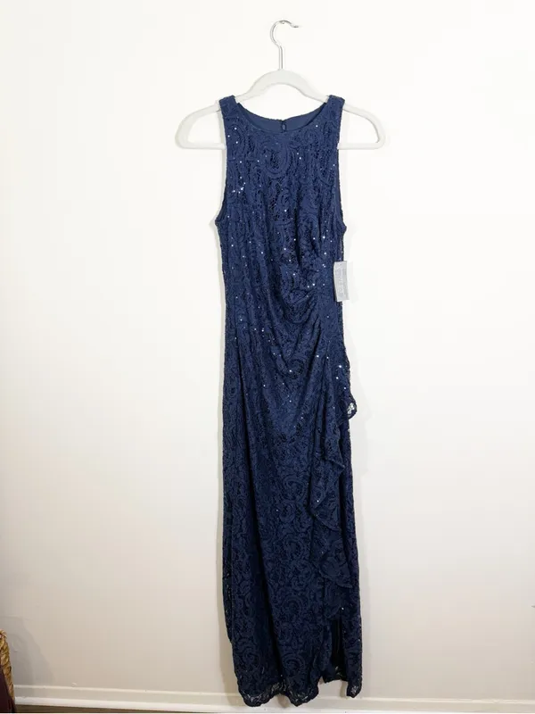 NWT Alex Evenings Sequin Ruched Ruffle A-Line Gown Maxi Dress Navy Blue Size 6 - Image 3