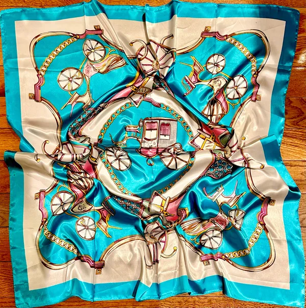 VTG Royal Regal Carriage Print turquoise/PINK oversized square Silky Scarf 35/35 - Image 13
