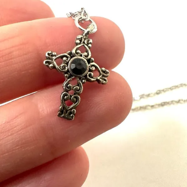 Silver tone and black dainty cross necklace - Image 4
