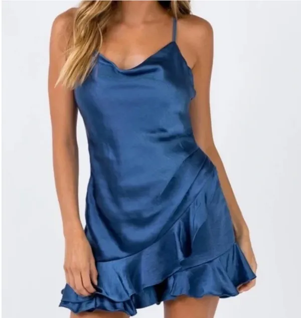 PRINCESS POLLY SATIN Ruffle Hem Romper 10 NAVY BLUE - Image 2