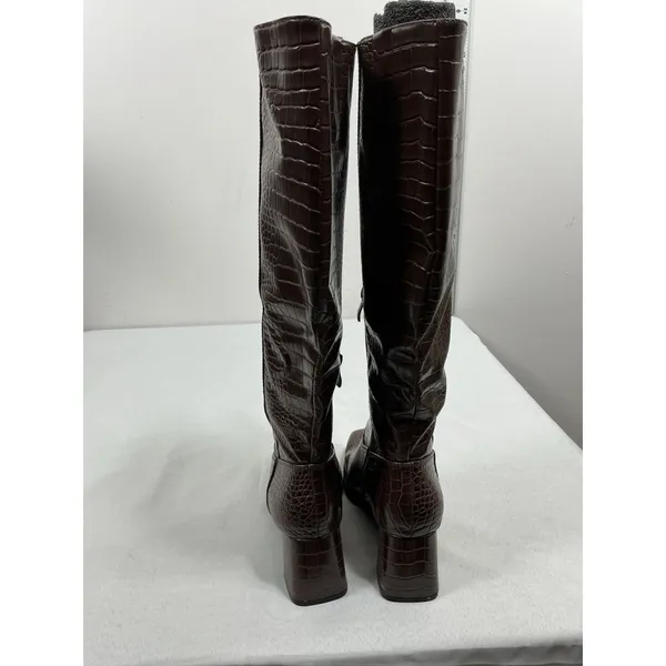 Womans Suedi Knee High Boots Brown Croc Faux Leather 7.5 Blk Heel 1/2 Zip NWOT - Image 3