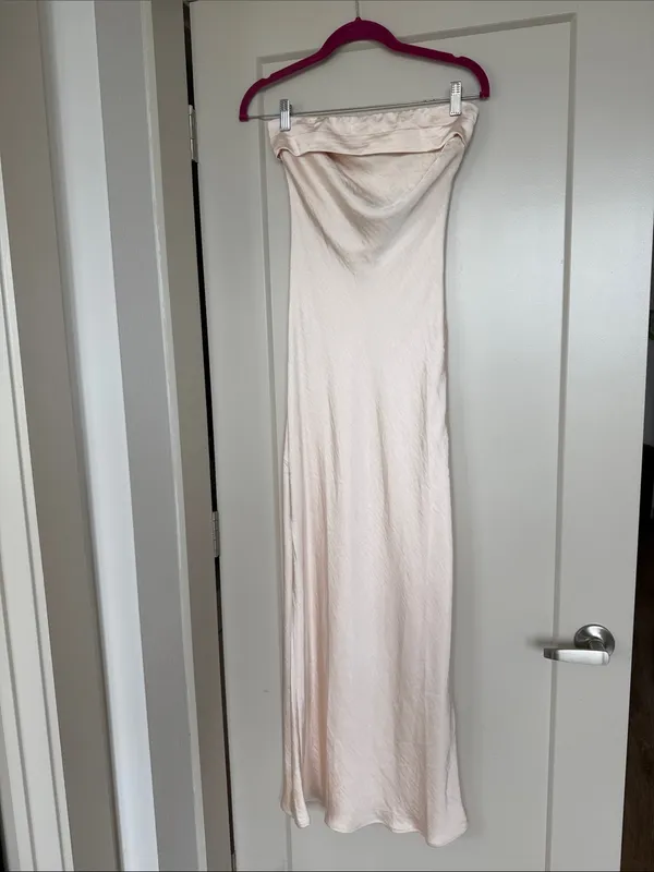Champagne Strapless Satin Silk Backless Dress, Size XS - Image 3