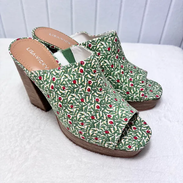 NWT Lisa Vicky Joy Green Botanical Print Platform Mule Clog Heels Size 9 - Image 5