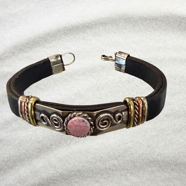 Leather stone artesenal bracelet Pink - Image 2