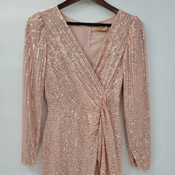 Sublime Sequined Gown S Pink Faux Wrap Long Puff Sleeve Tigh Slit Party Wedding - Image 16