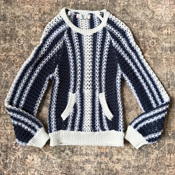Free People Dayton Beach Navy White Striped Open Knit Crochet Sweater XS - Image 4