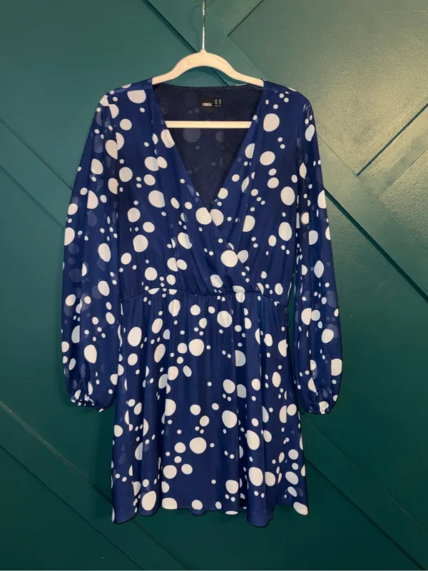 ASOS Navy Blue Jumbo Polka Dot V-Neck Mini Dress - Image 2