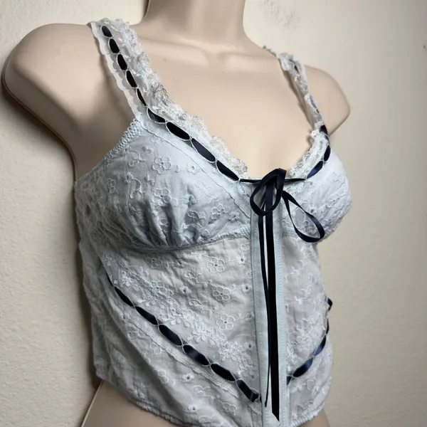 Women Coquette 100% Cotton Top XS Blue Eyelet‎ Lace Ribbon Corset Fairy - Image 7