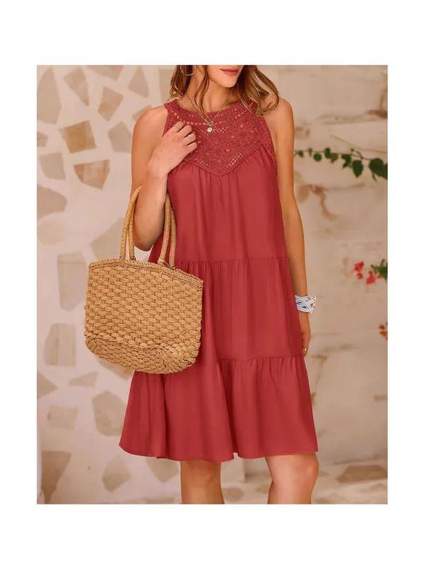 Sleeveless Crochet Yoke Tiered Dress in Rust - Image 2