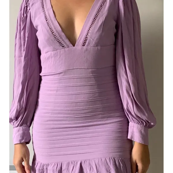 Forever 21‎ Lavender V-Neck Pintuck Mini Dress Long Sleeve Ruffle Hem Purple S - Image 2