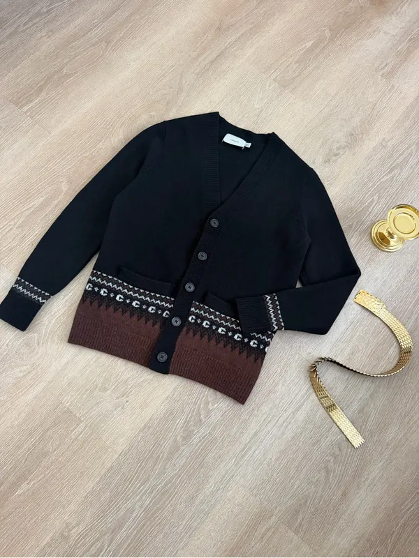 Coach Oversized Fair Isle Wool Alpaca Cardigan Black Brown Signature C - Image 7