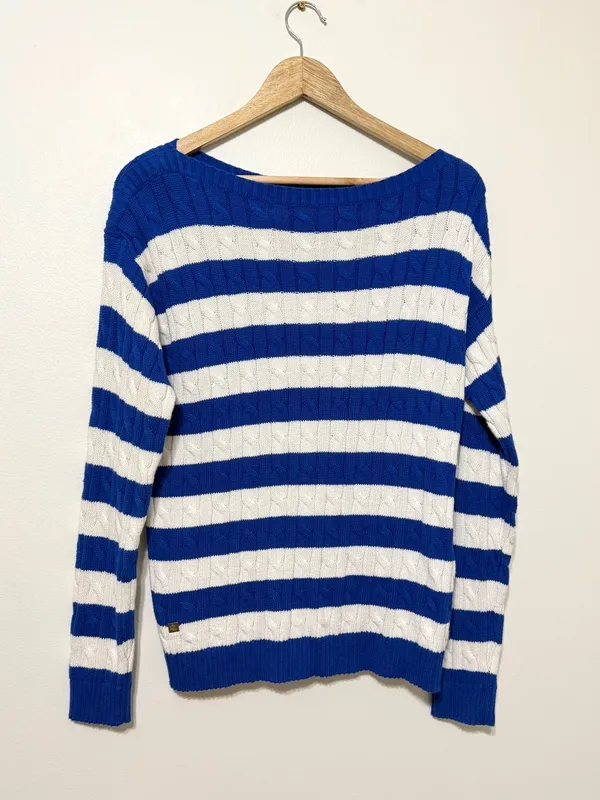 NEW Ralph Lauren Cable Knit Striped Blue Sweater Size Medium Womens NWT Boatneck - Image 2