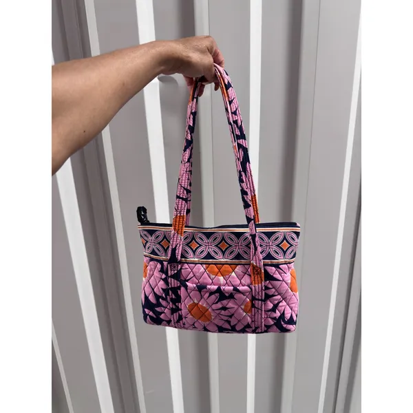 Vera Bradley Quilted Cotton Small Tote Bag Pink Navy Floral Shoulder Purse - Image 2