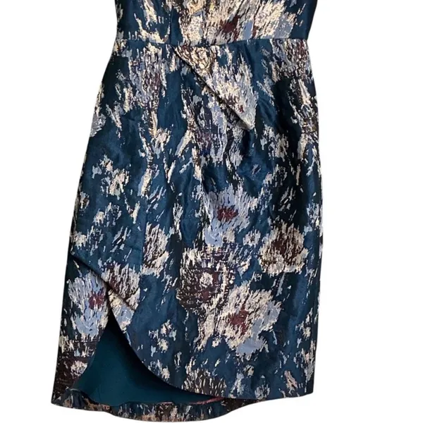Kay Unger New York Teal Metallic Floral Brocade Tulip Cocktail Dress Size 0 - Image 5