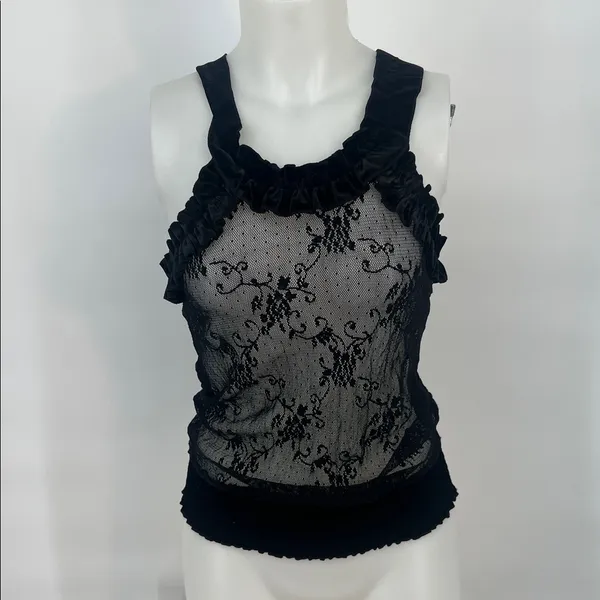 Urban Behavior Black Sheer lace Mesh Velvet Trim Y2K romantic Goth Clubwear M - Image 2