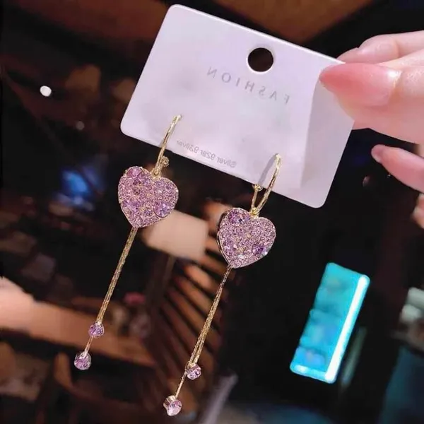 Purple Crystal Love Heart Long Tassel Dangle Drop Earrings for Women - Image 4